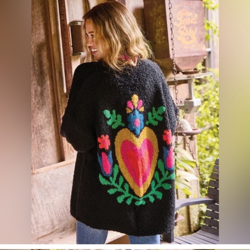 Natural Life Womens Black Heart Love Oversized Calla Cardigan Size S/M